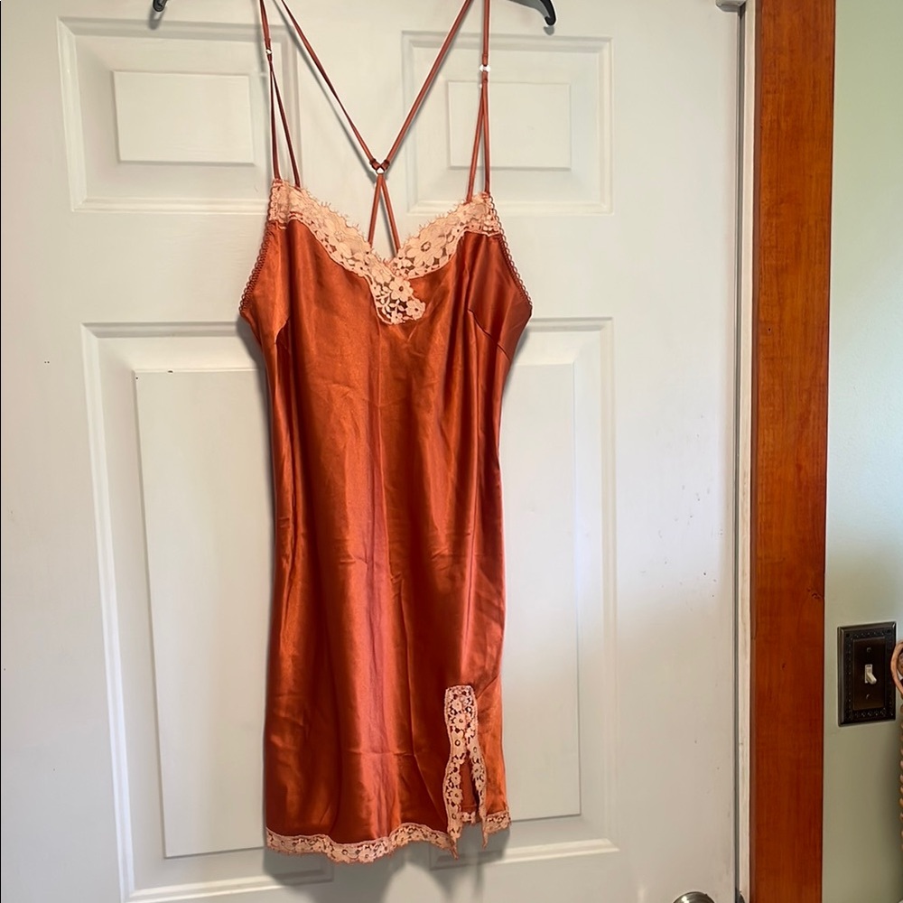 Elegant Lace Trim Satin Slip Dress - Orange